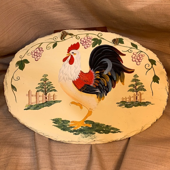 Hand painted Rooster on stone w/leather loop